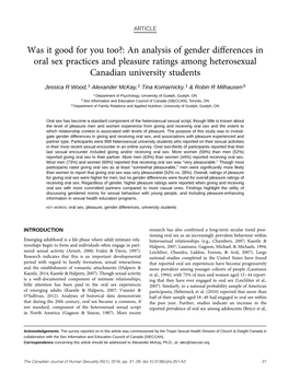 An Analysis of Gender Differences in Oral Sex Practices and Pleasure Ratings Among Heterosexual Canadian University Students