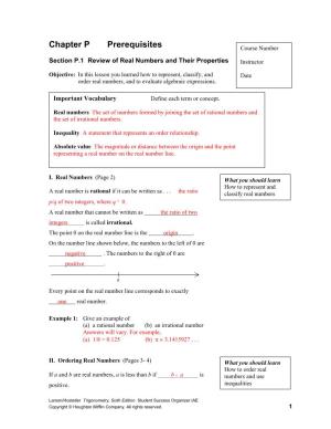 Chapter P Prerequisites Course Number