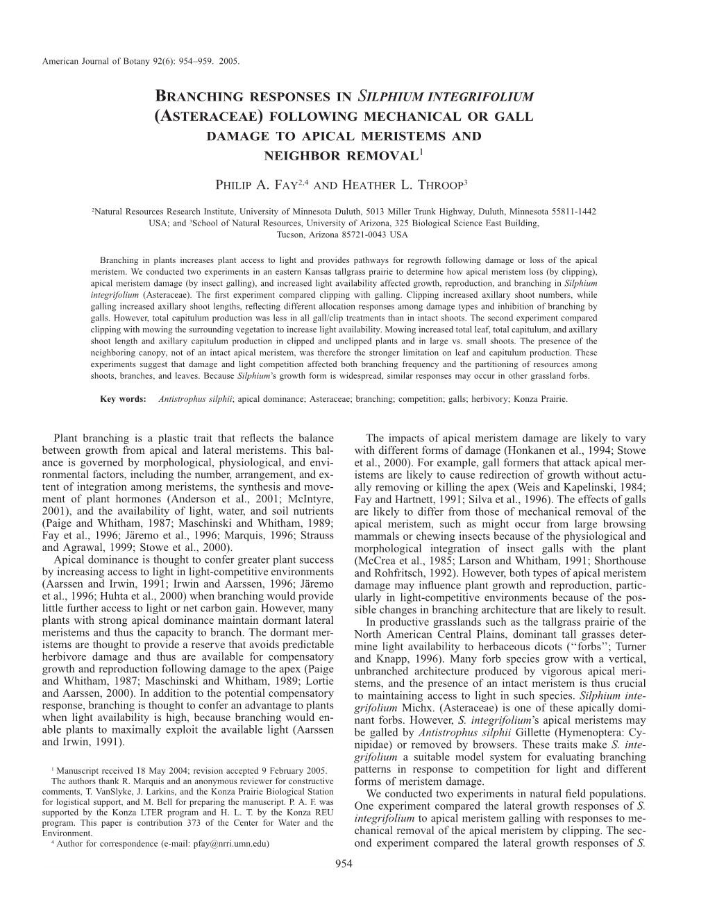 Branching Responses in Silphium Integrifolium (Asteraceae) Following Mechanical Or Gall Damage to Apical Meristems and Neighbor Removal1