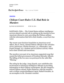 Chilean Court Rules U.S. Had Role in Murders