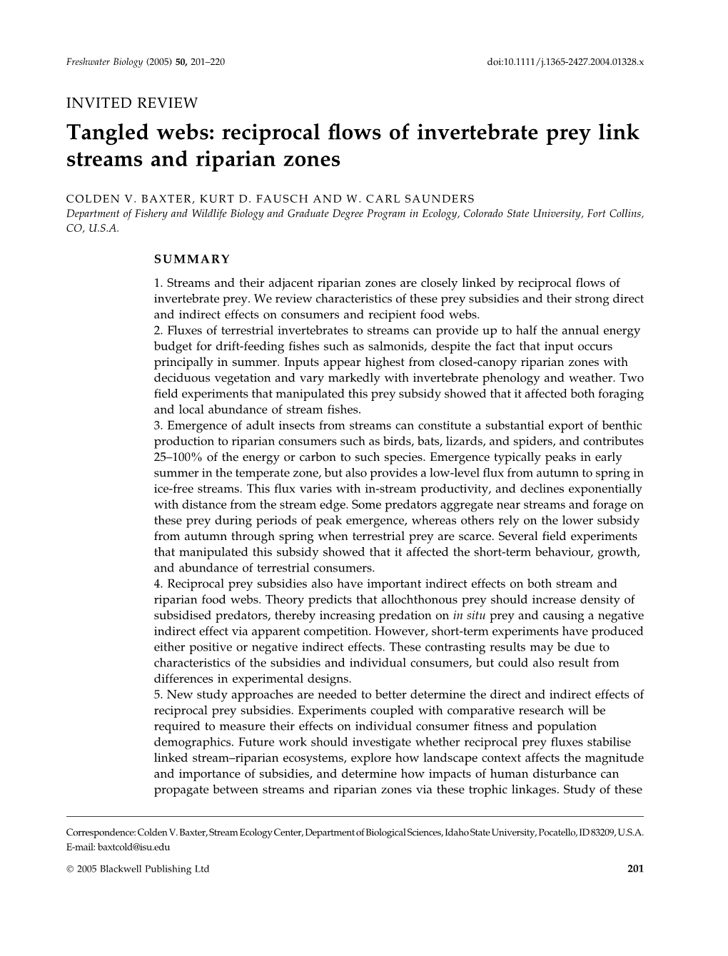 Reciprocal Flows of Invertebrate Prey Link Streams and Riparian Zones