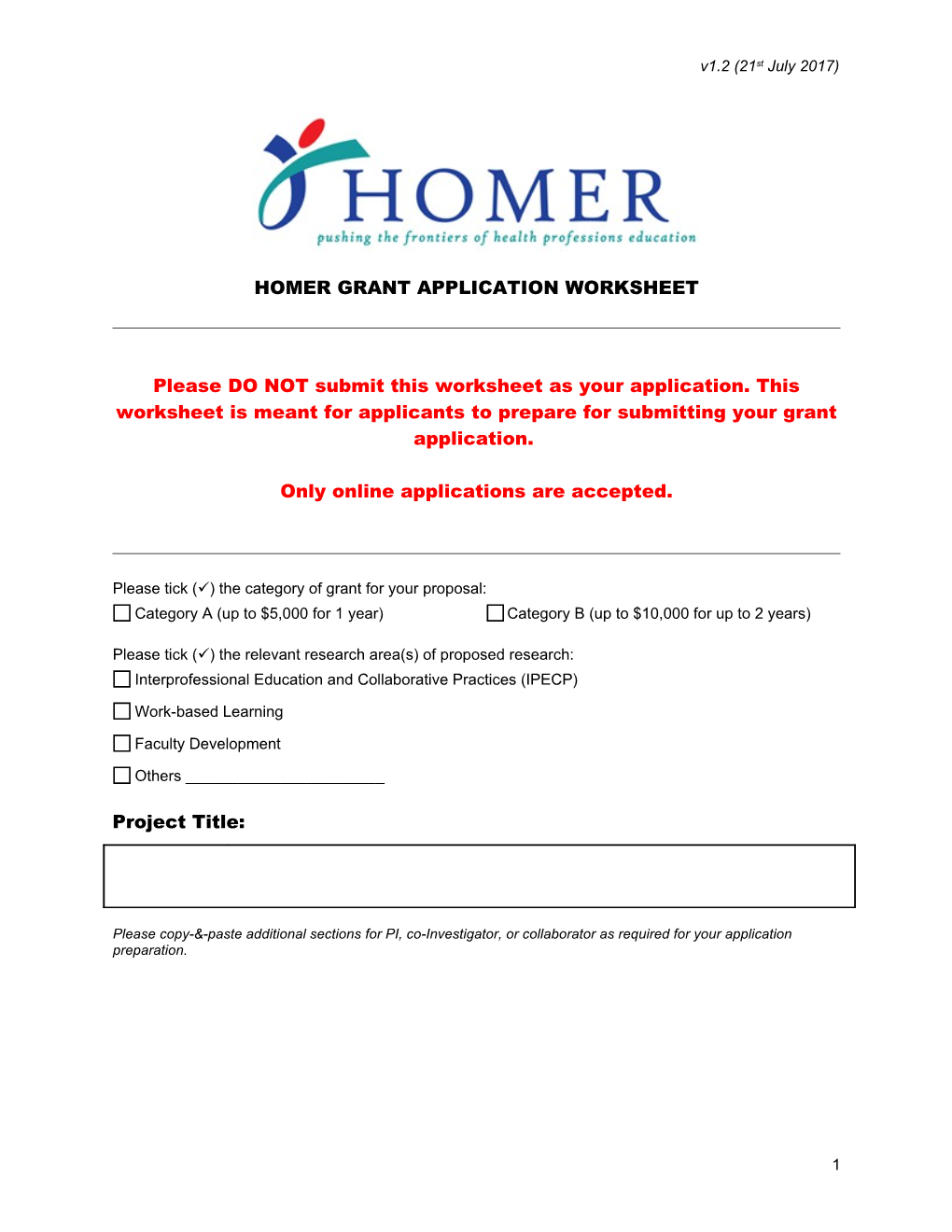 Homer Grant Application Worksheet
