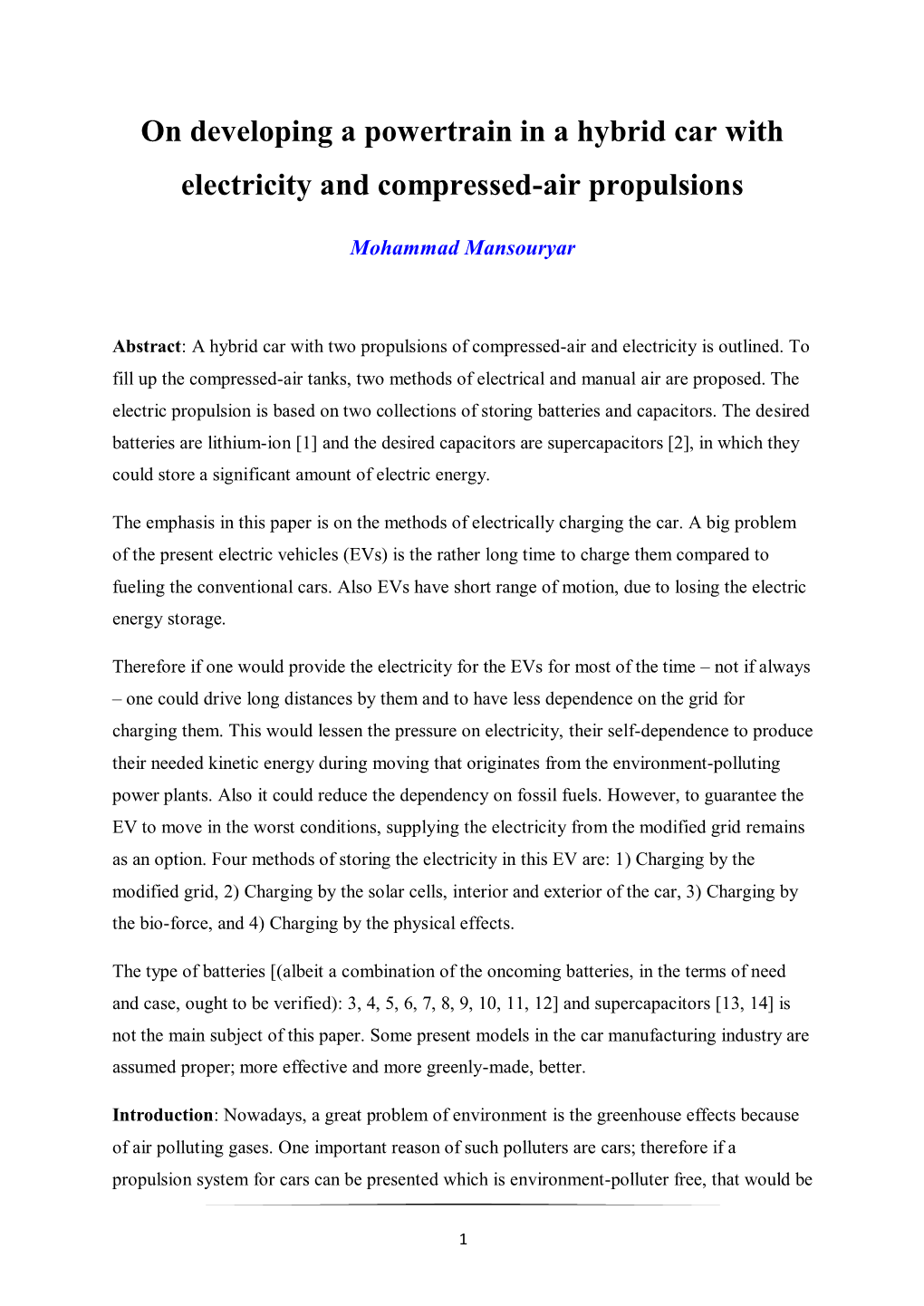 On Developing a Powertrain in a Hybrid Car with Electricity and Compressed-Air Propulsions