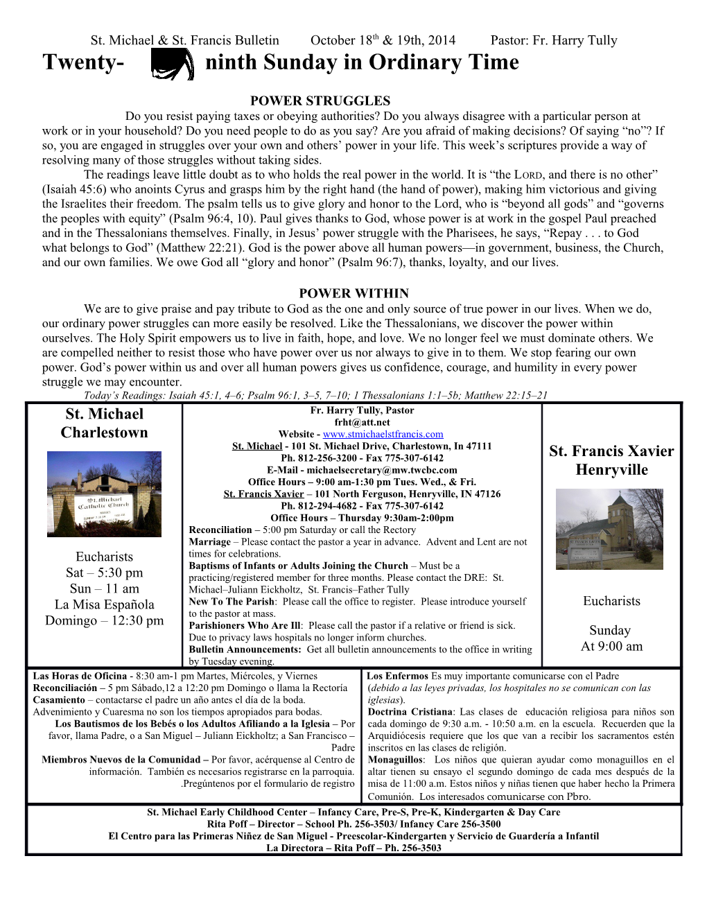 St. Michael & St. Francis Bulletin October 18Th & 19Th, 2014 Pastor: Fr. Harry Tully