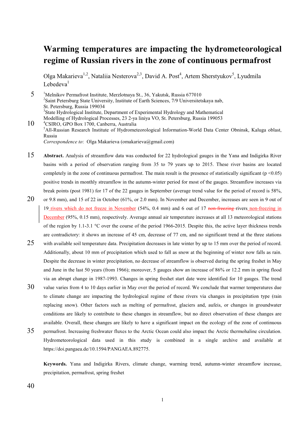 Warming Temperatures Are Impacting the Hydrometeorological Regime of Russian Rivers in the Zone of Continuous Permafrost