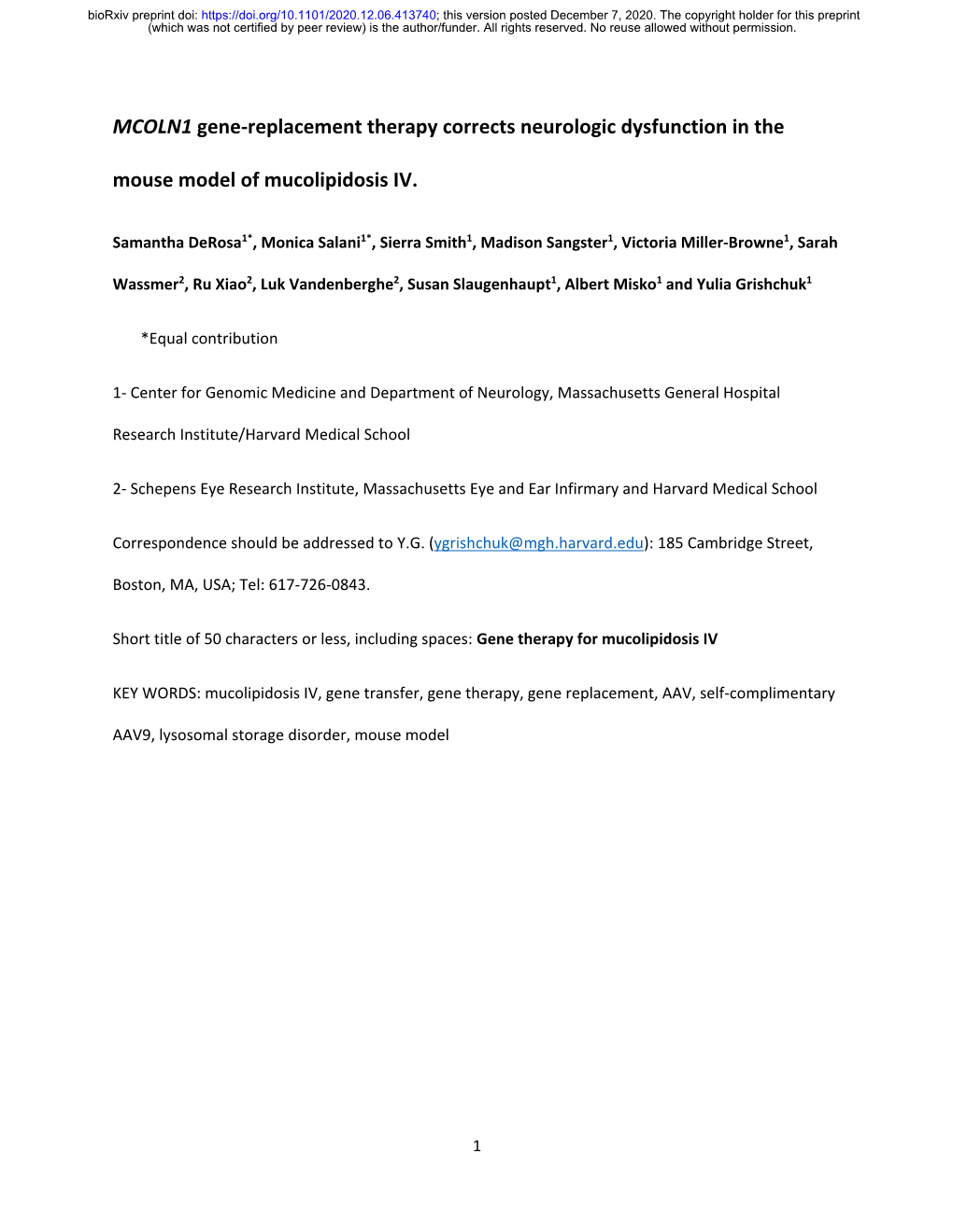 MCOLN1 Gene-Replacement Therapy Corrects Neurologic Dysfunction in the Mouse Model of Mucolipidosis