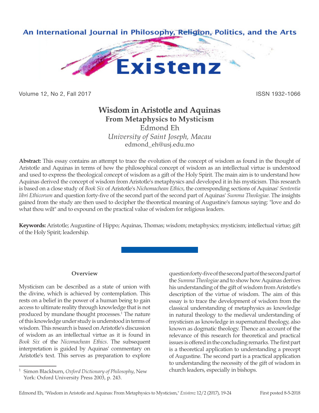 Wisdom in Aristotle and Aquinas from Metaphysics to Mysticism Edmond Eh University of Saint Joseph, Macau Edmond Eh@Usj.Edu.Mo