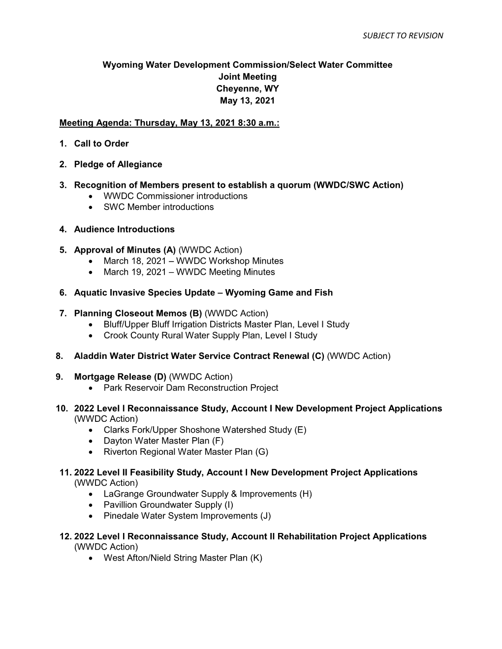 SUBJECT to REVISION Wyoming Water Development Commission