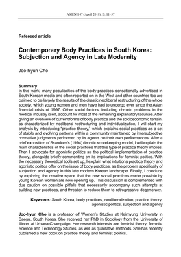 Contemporary Body Practices in South Korea: Subjection and Agency in Late Modernity