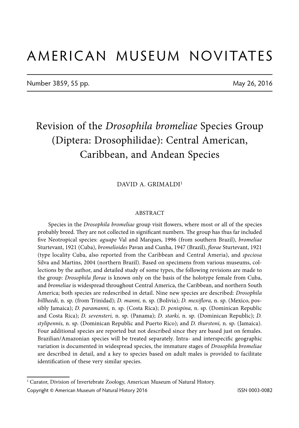 Revision of the Drosophila Bromeliae Species Group (Diptera: Drosophilidae): Central American, Caribbean, and Andean Species