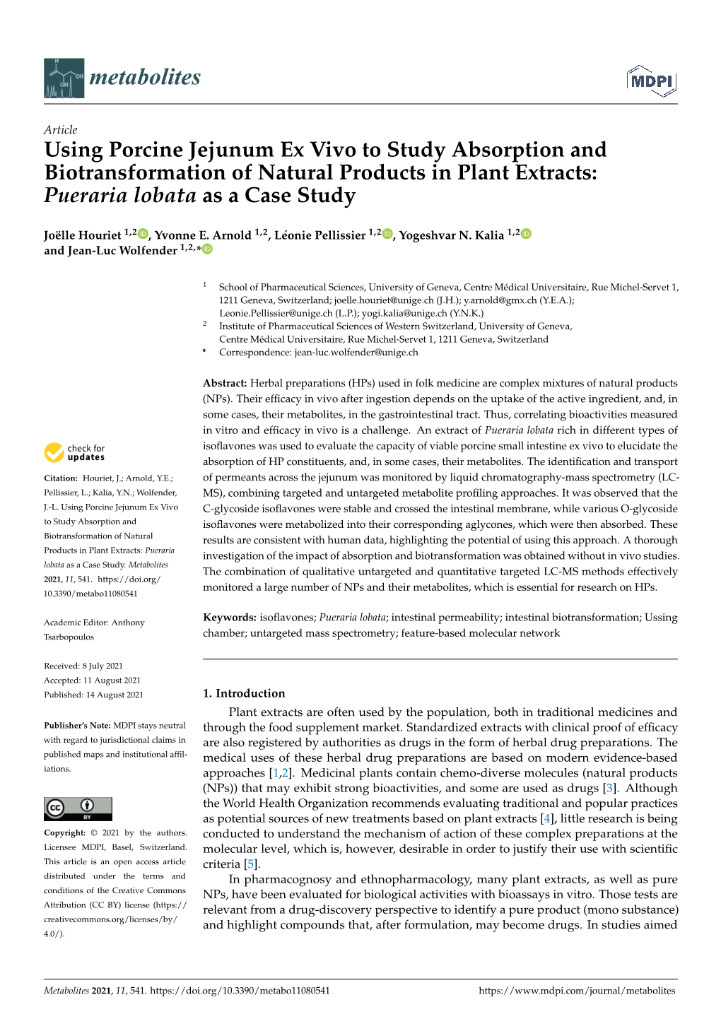 Using Porcine Jejunum Ex Vivo to Study Absorption and Biotransformation of Natural Products in Plant Extracts: Pueraria Lobata As a Case Study