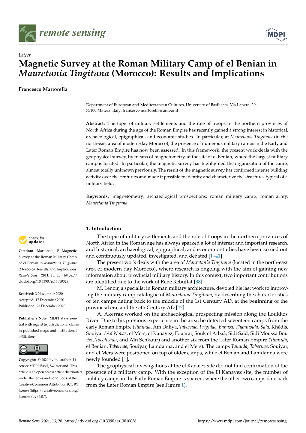 Magnetic Survey at the Roman Military Camp of El Benian in Mauretania Tingitana (Morocco): Results and Implications