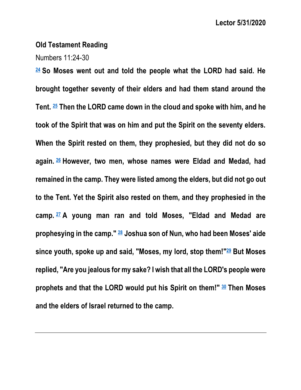 Lector 5/31/2020 Old Testament Reading Numbers 11:24-30 24 So
