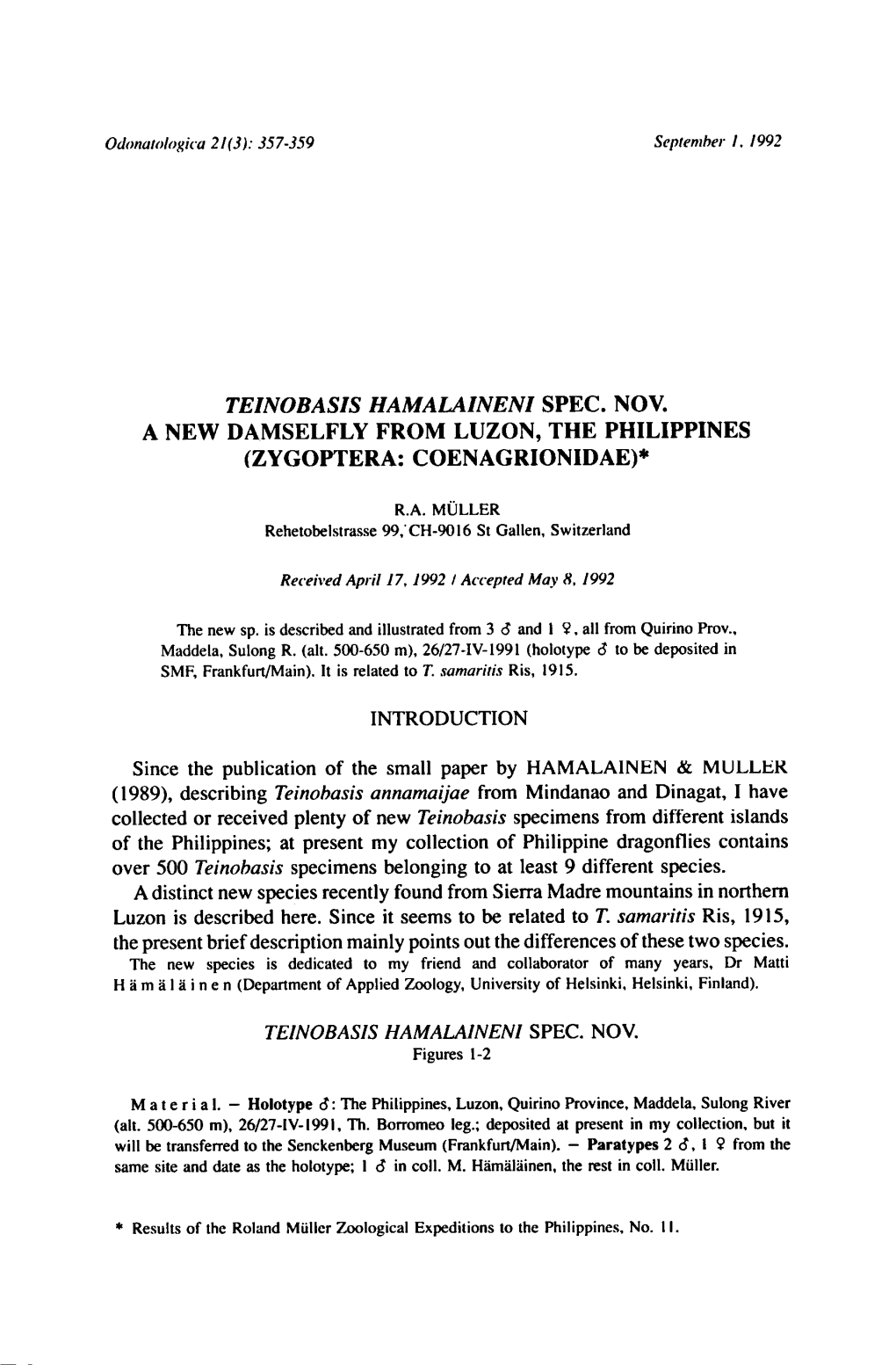 Coenagrionidae) Publication of (1989), Describing Teinobasis