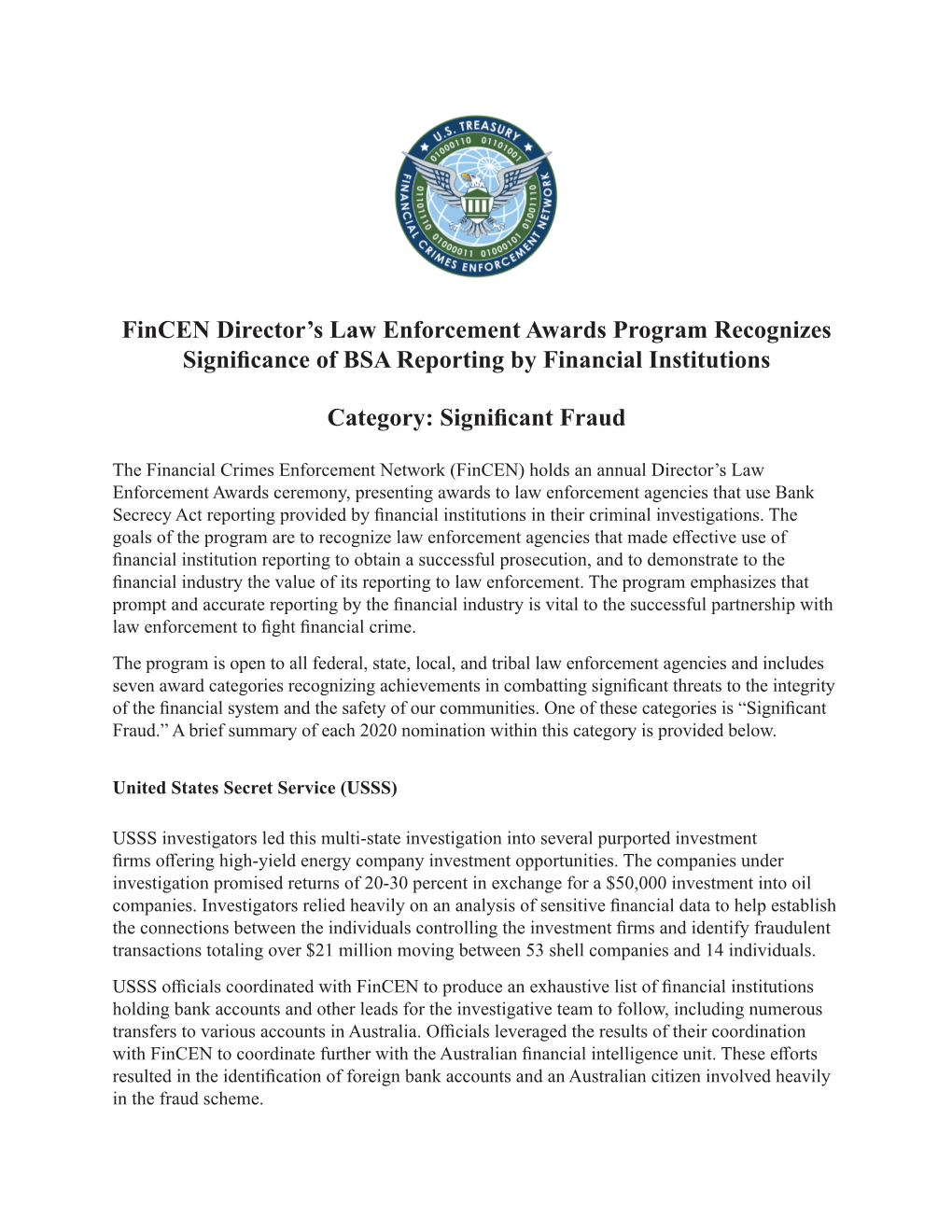 Fincen Director's Law Enforcement Awards Program Recognizes