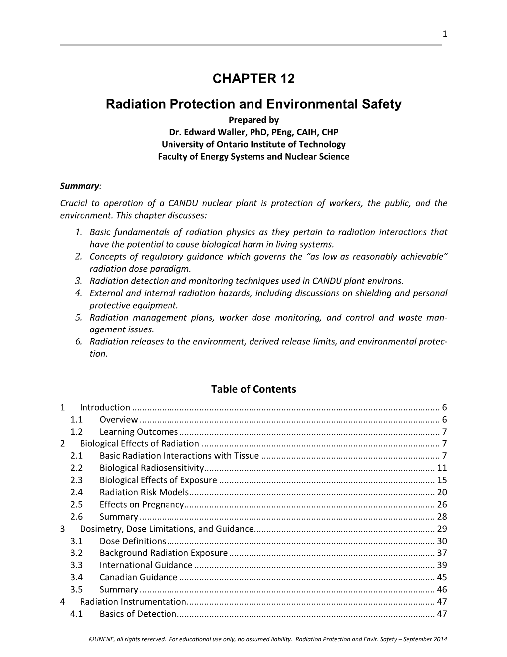 CHAPTER 12 Radiation Protection and Environmental Safety Prepared by Dr