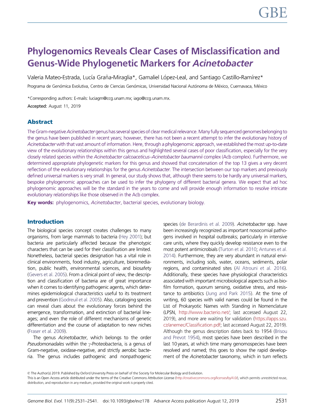 Phylogenomics Reveals Clear Cases of Misclassiﬁcation and Genus-Wide Phylogenetic Markers for Acinetobacter
