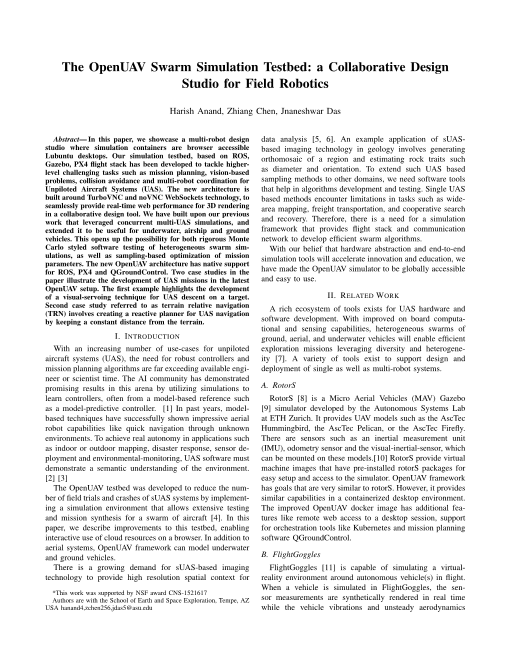 The Openuav Swarm Simulation Testbed: a Collaborative Design Studio for Field Robotics