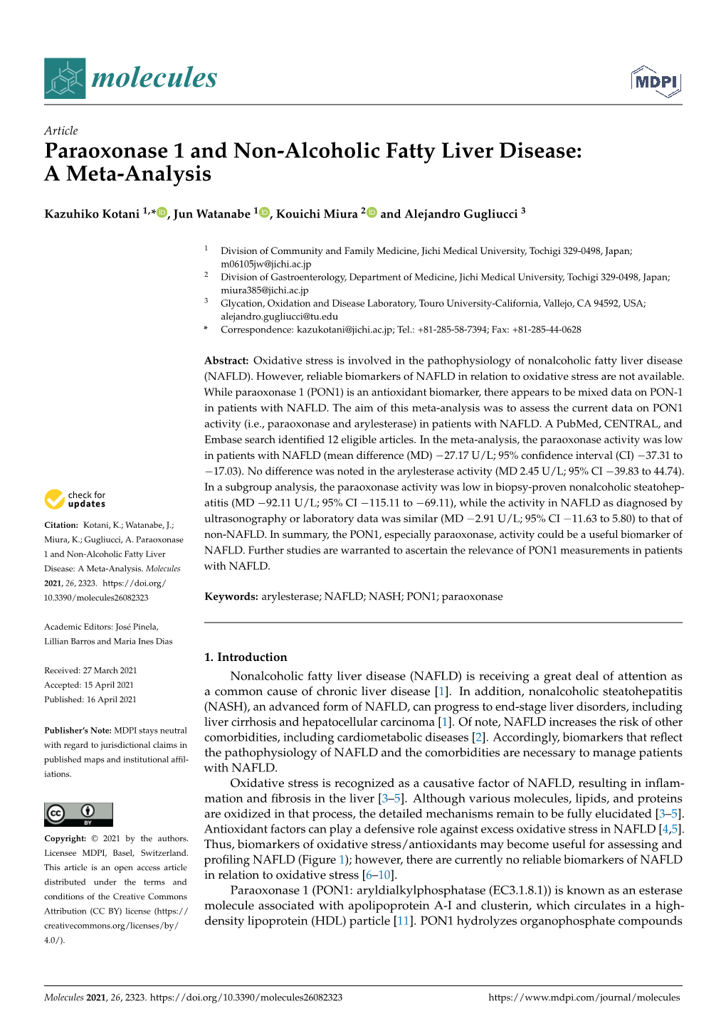 Paraoxonase 1 and Non-Alcoholic Fatty Liver Disease:A Meta-Analysis