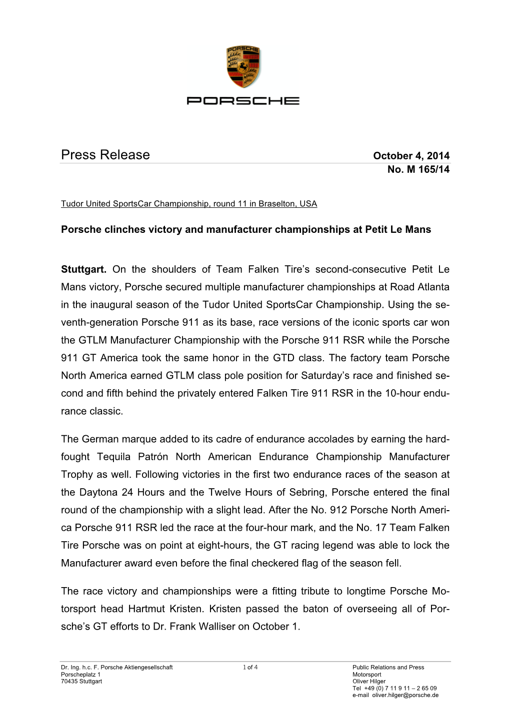 Press Release October 4, 2014 No