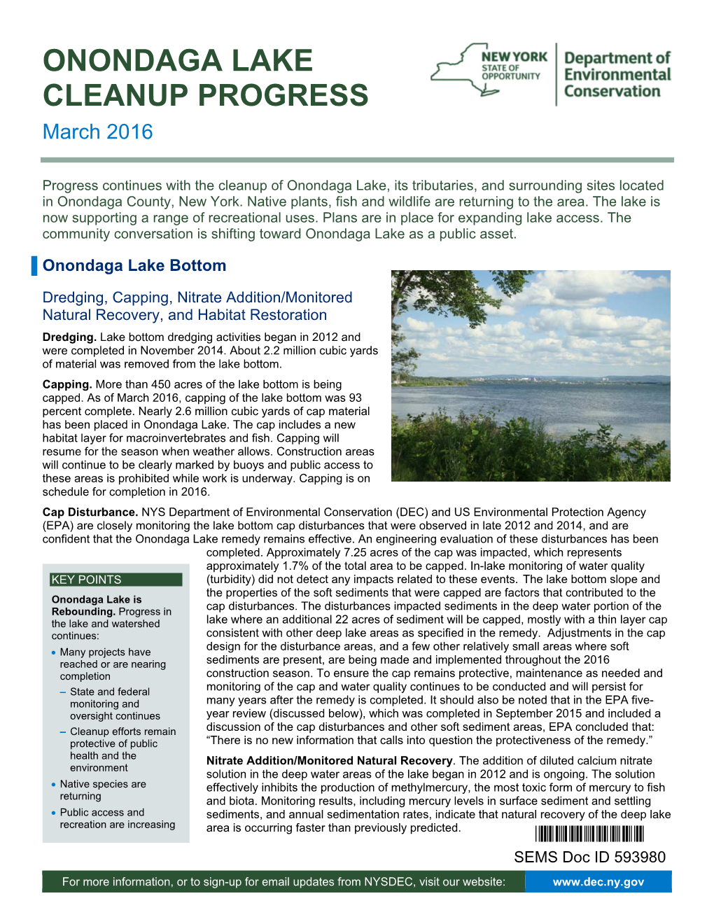 ONONDAGA LAKE CLEANUP PROGRESS March 2016