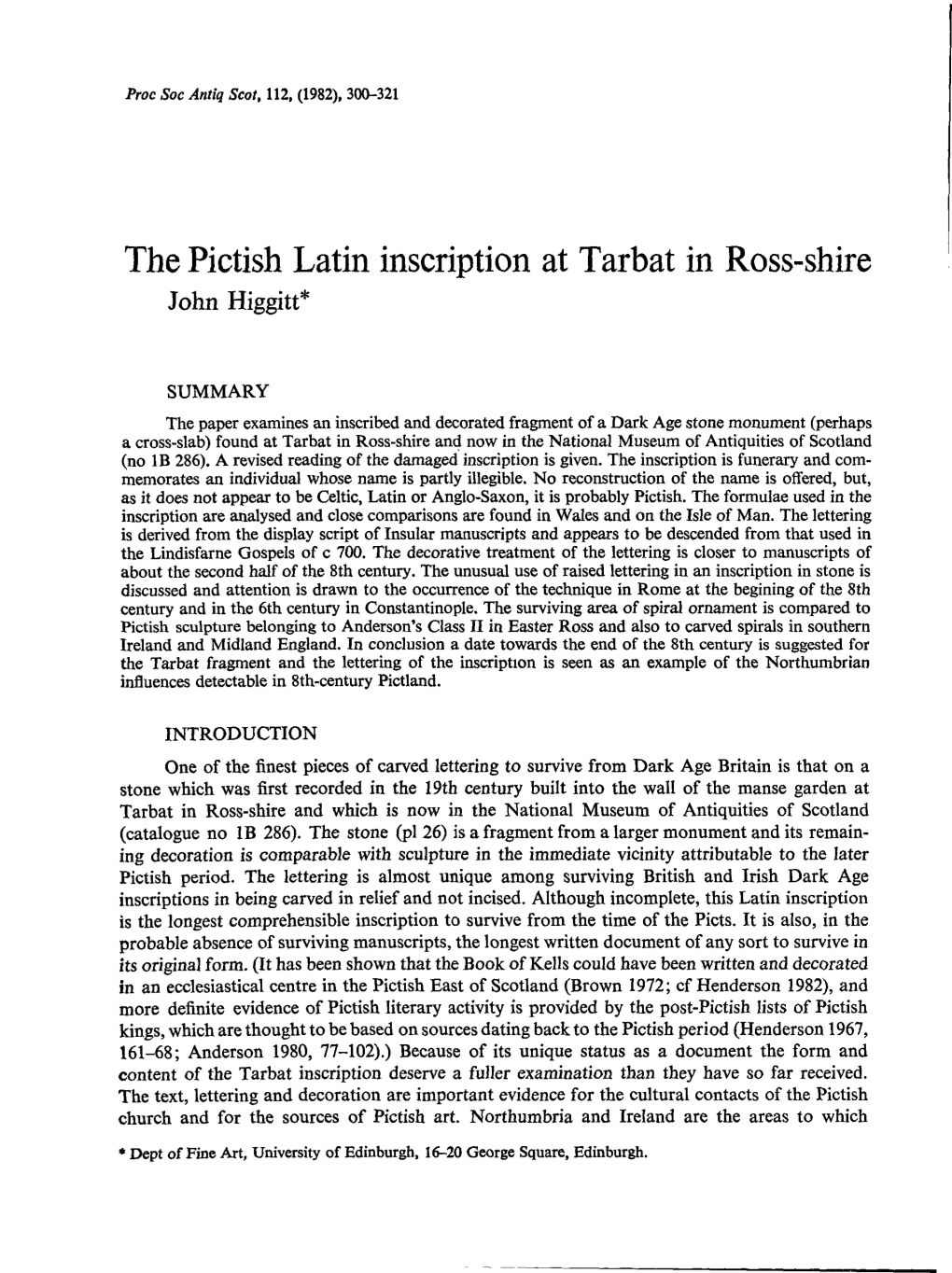 The Pictish Latin Inscription at Tarbat in Ross-Shire