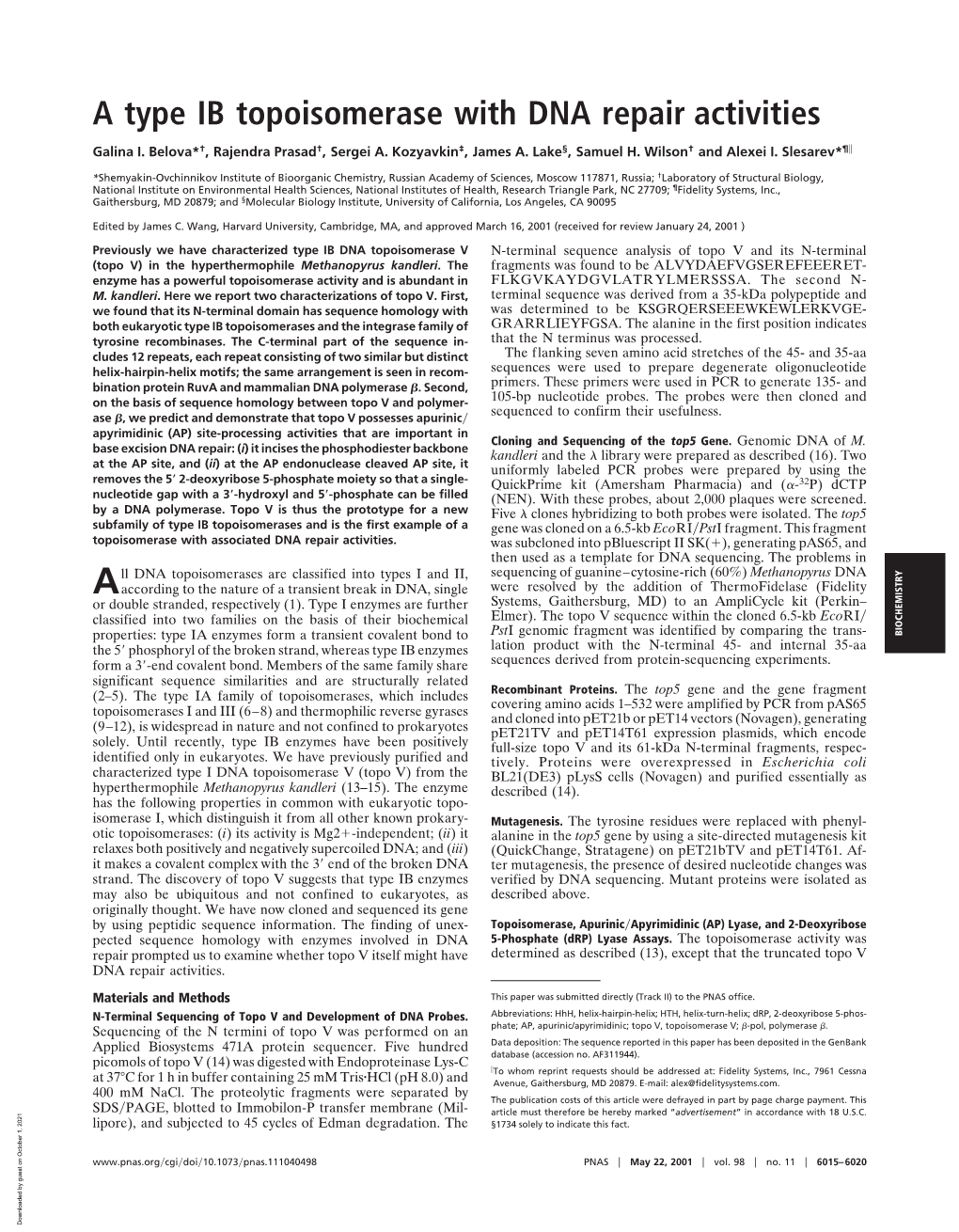 A Type IB Topoisomerase with DNA Repair Activities