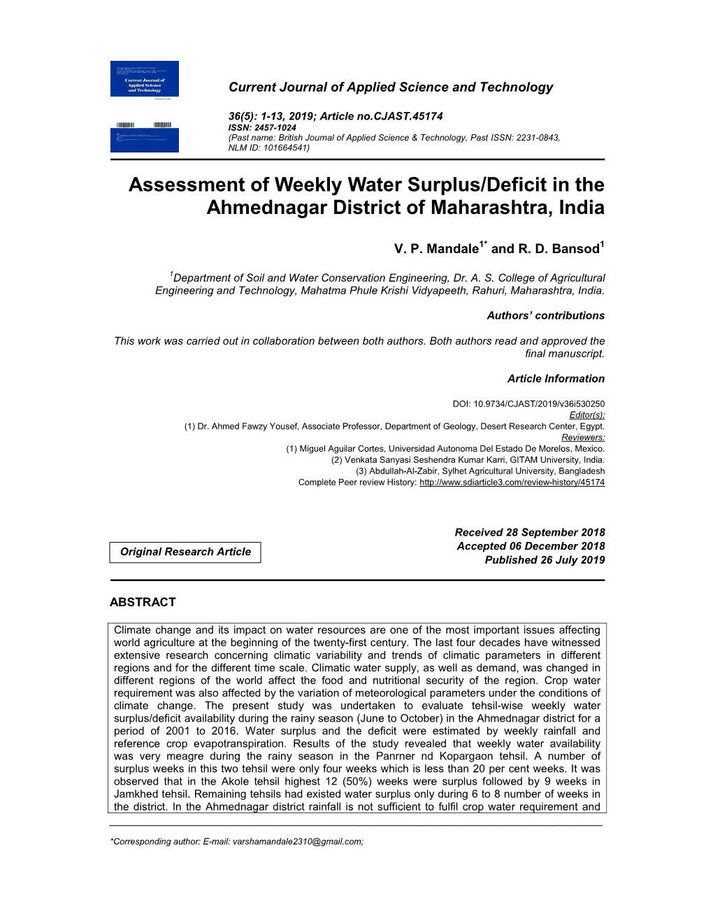 Assessment of Weekly Water Surplus/Deficit in the Ahmednagar District of Maharashtra, India