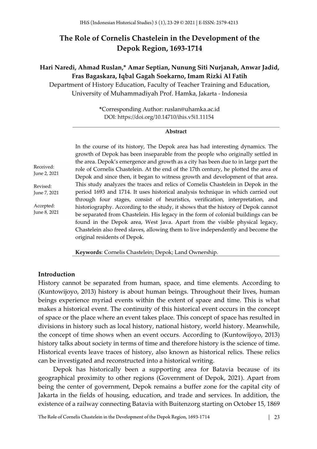 The Role of Cornelis Chastelein in the Development of the Depok Region, 1693-1714