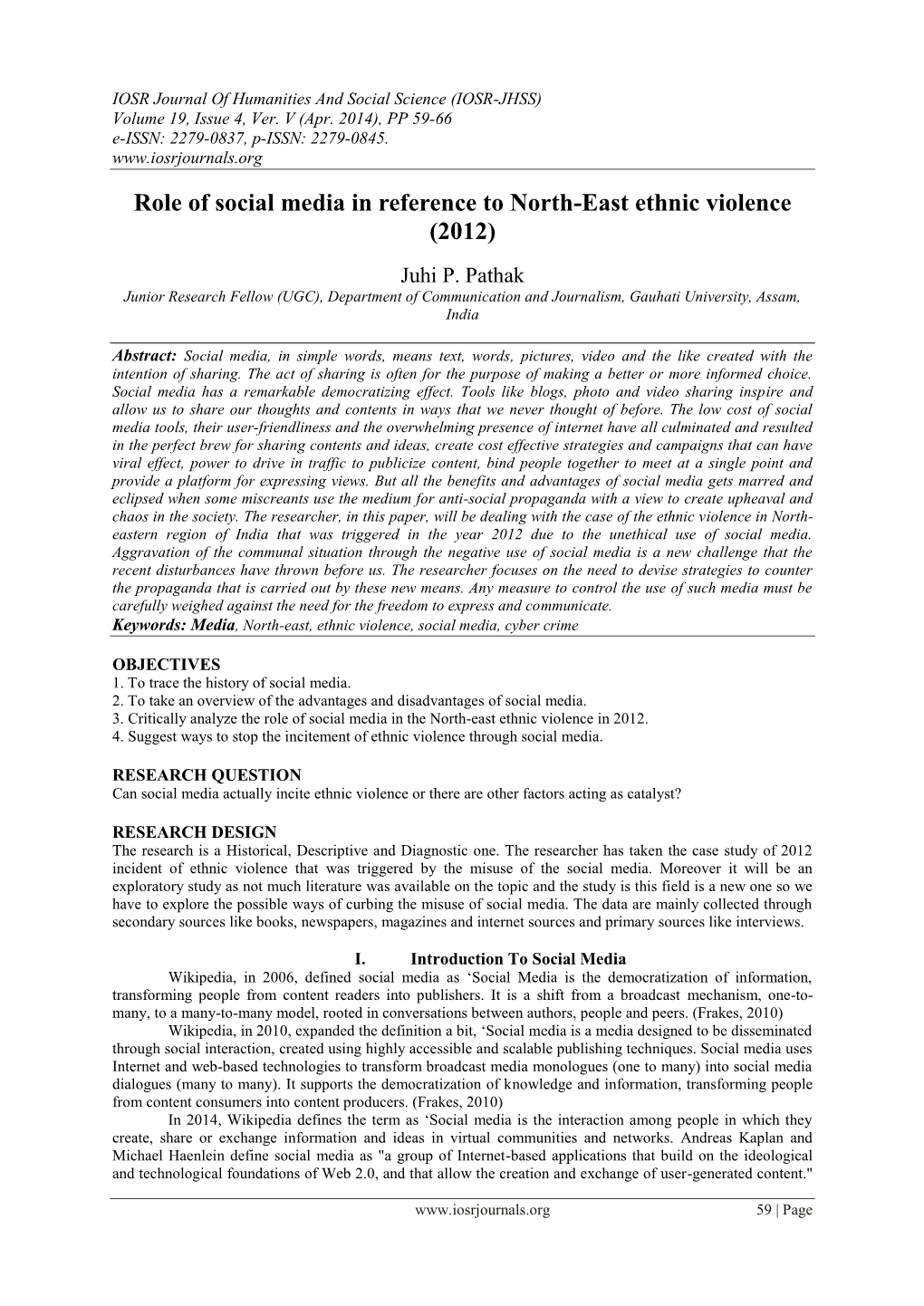 Role of Social Media in Reference to North-East Ethnic Violence (2012)