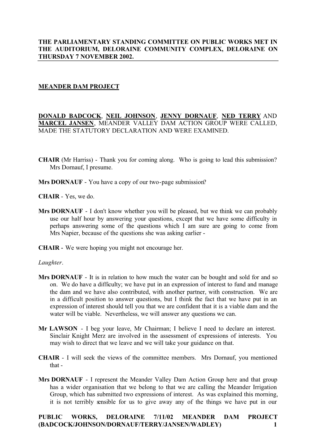 PUBLIC WORKS, DELORAINE 7/11/02 MEANDER DAM PROJECT (BADCOCK/JOHNSON/DORNAUF/TERRY/JANSEN/WADLEY) 1 Expression