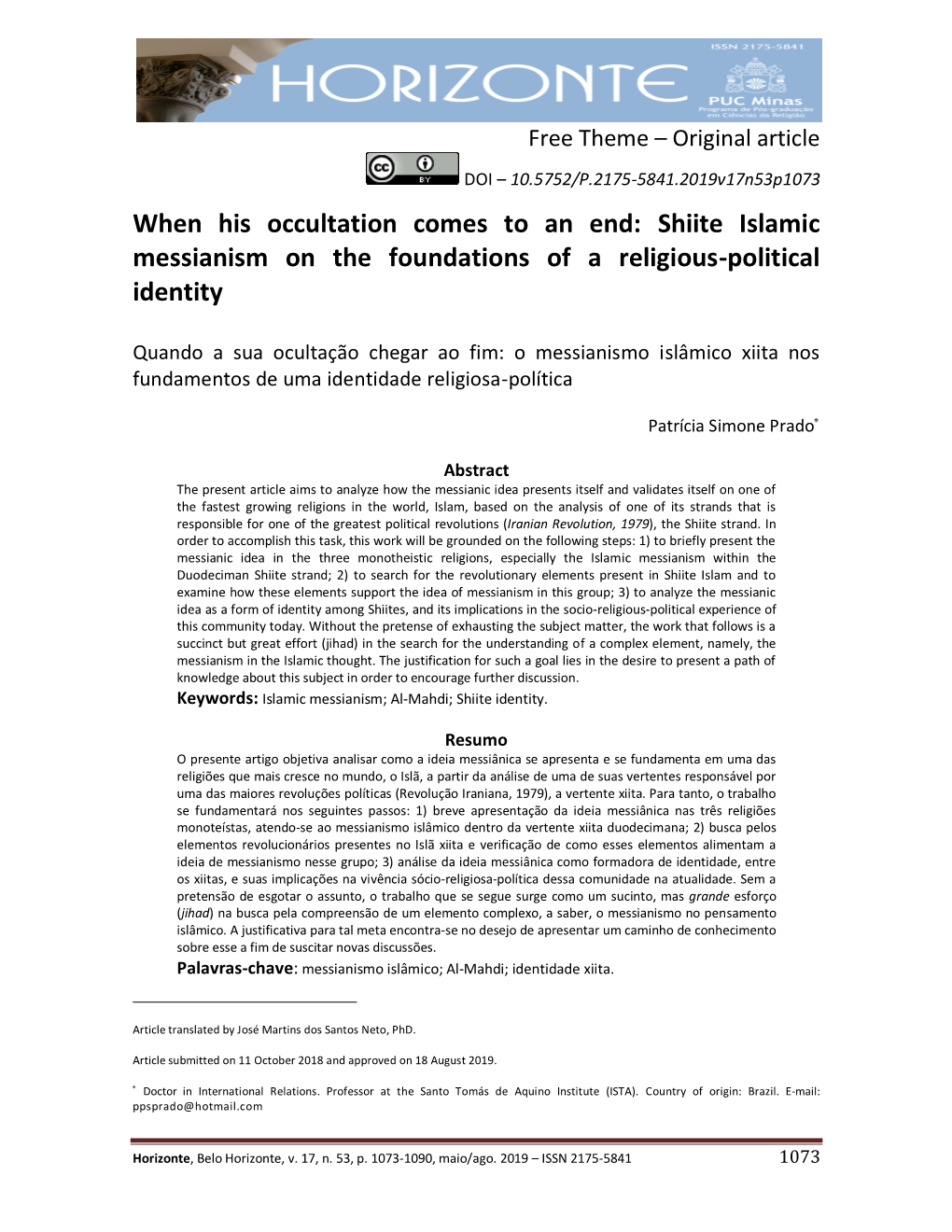 When His Occultation Comes to an End: Shiite Islamic Messianism on the Foundations of a Religious-Political Identity