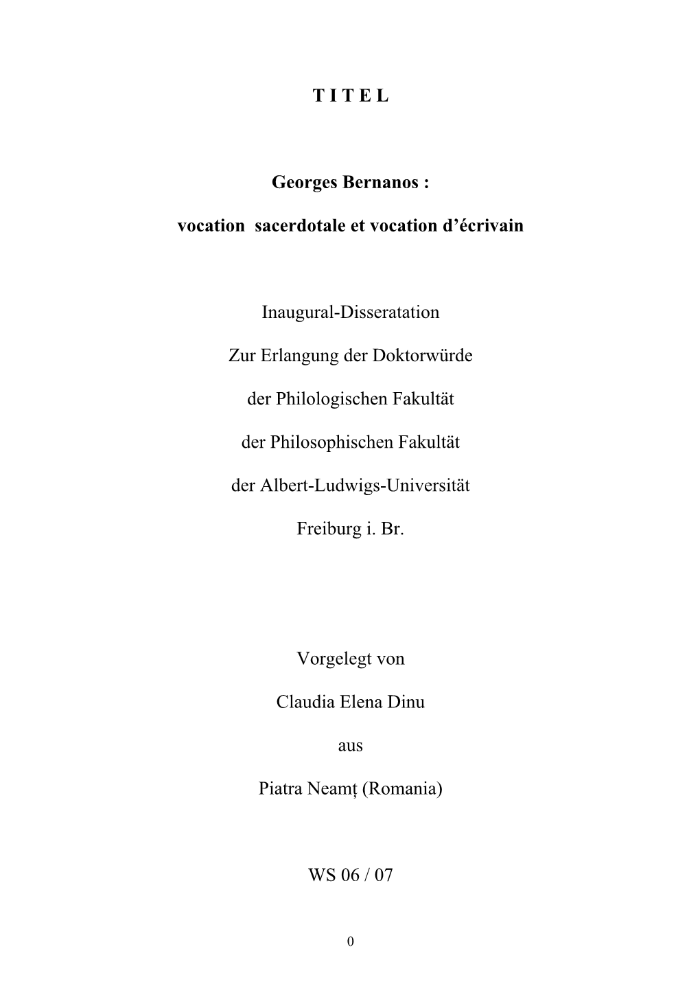 T I T E L Georges Bernanos : Vocation Sacerdotale Et Vocation D'écrivain