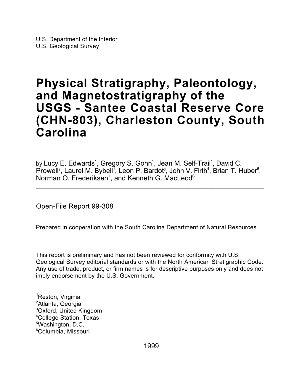 Physical Stratigraphy, Paleontology, and Magnetostratigraphy of the USGS - Santee Coastal Reserve Core (CHN-803), Charleston County, South Carolina