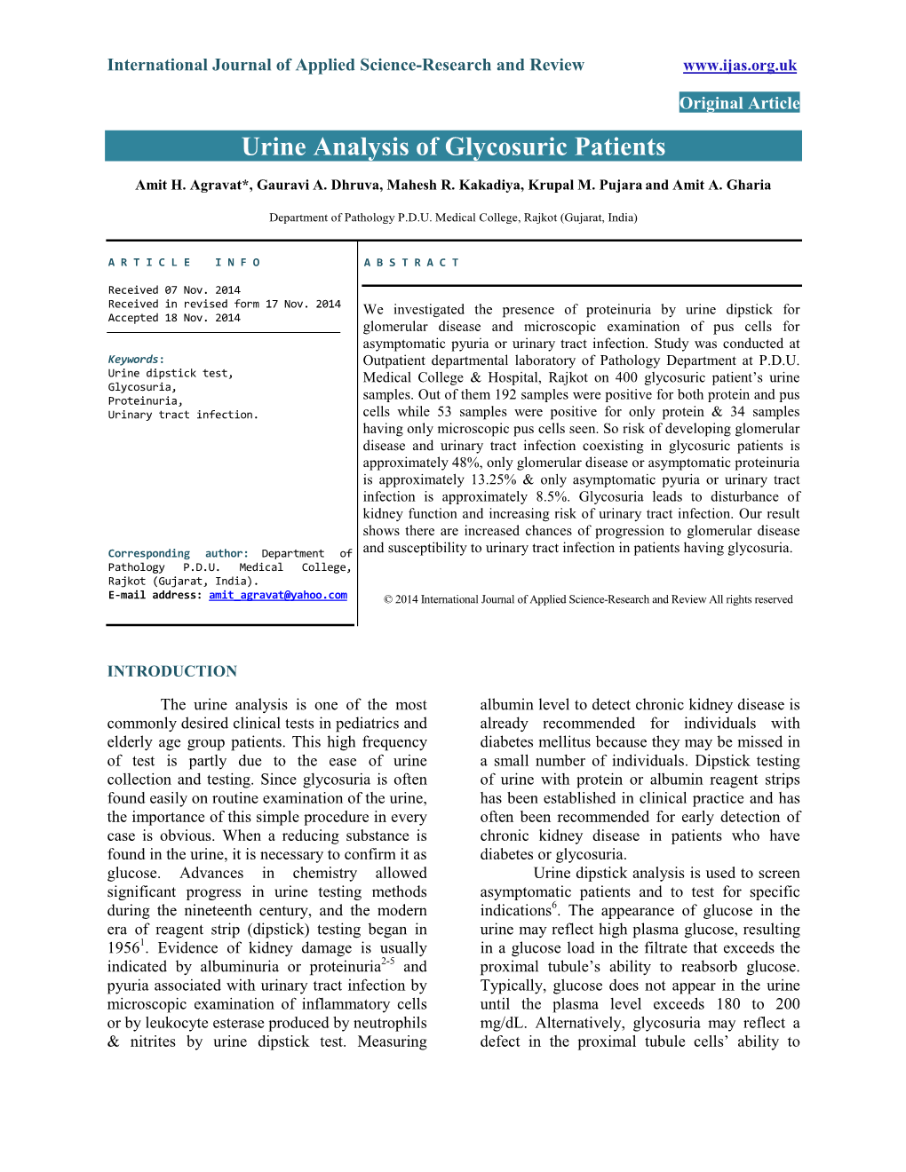 Urine Analysis of Glycosuric Patients