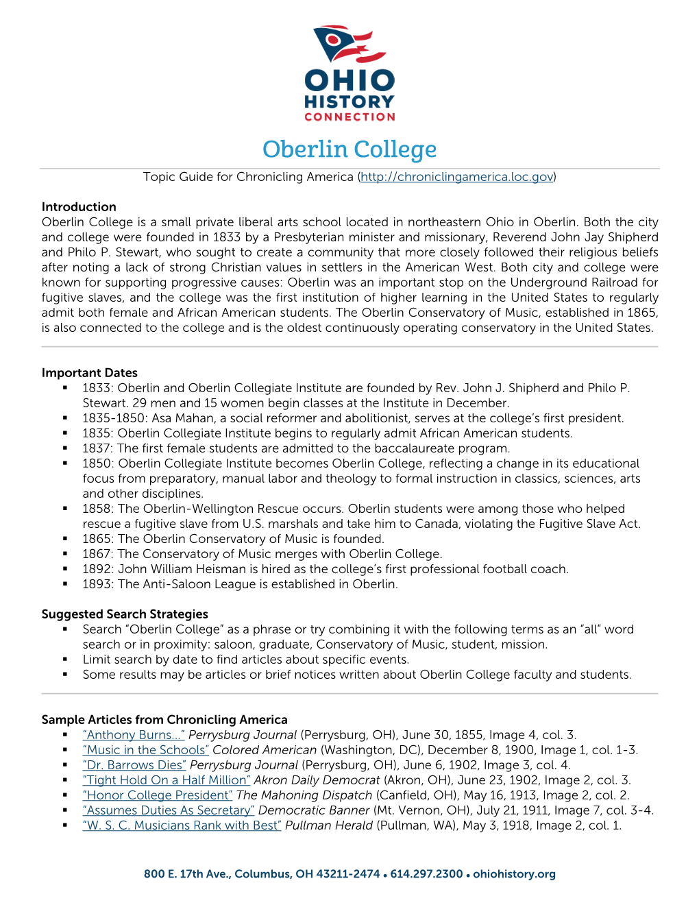 Oberlin College Topic Guide for Chronicling America (