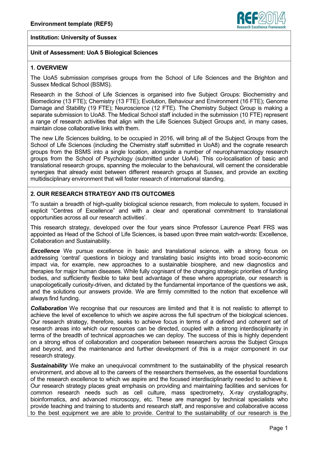 Environment Template (REF5) Page 1 Institution: University of Sussex Unit