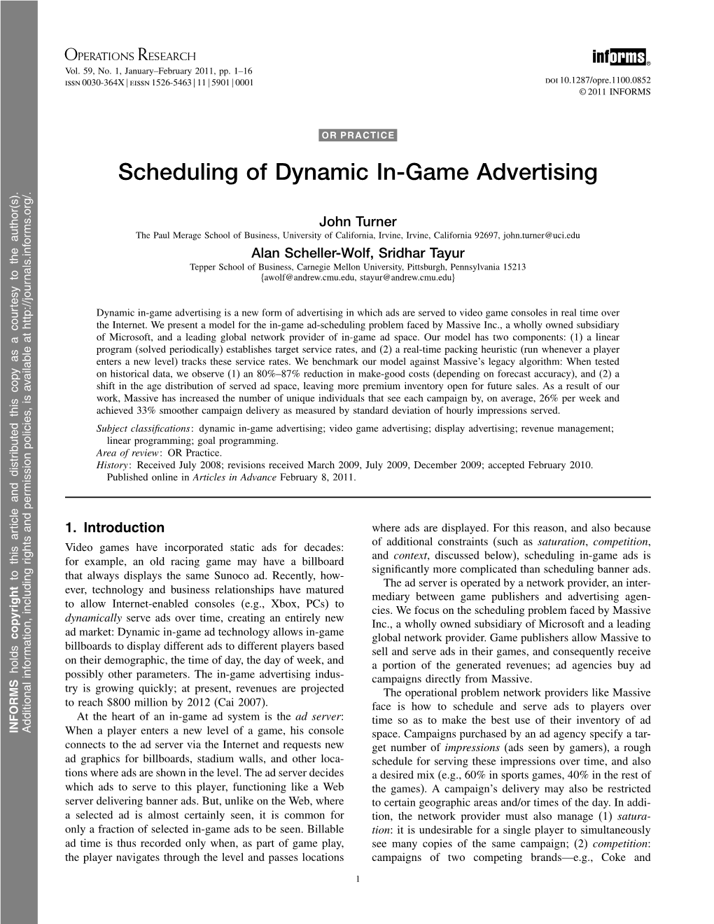 Scheduling of Dynamic In-Game Advertising