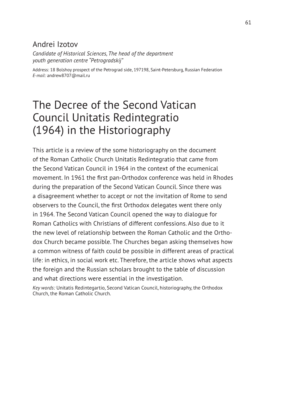 The Decree of the Second Vatican Council Unitatis Redintegratio (1964) in the Historiography