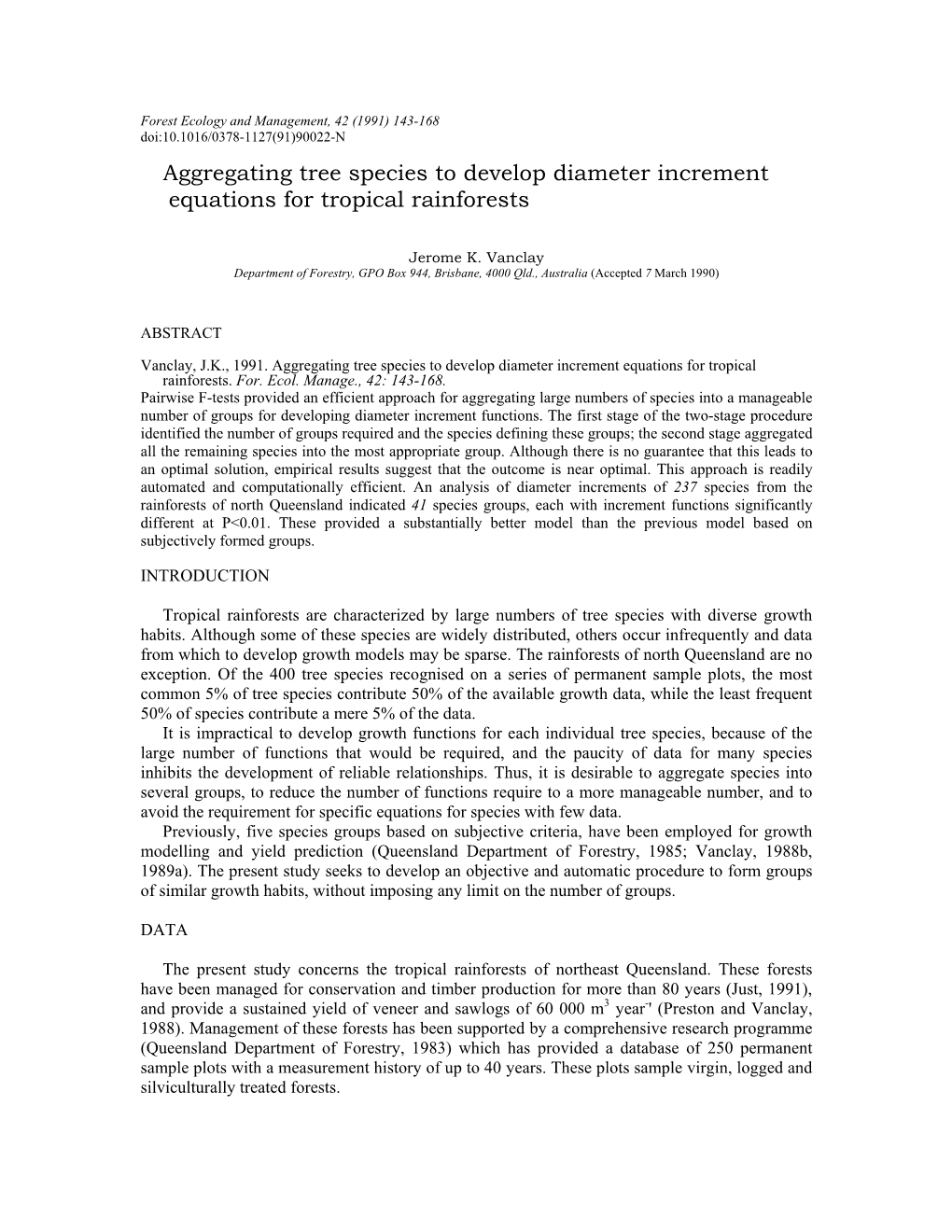 Aggregating Tree Species to Develop Diameter Increment Equations for Tropical Rainforests