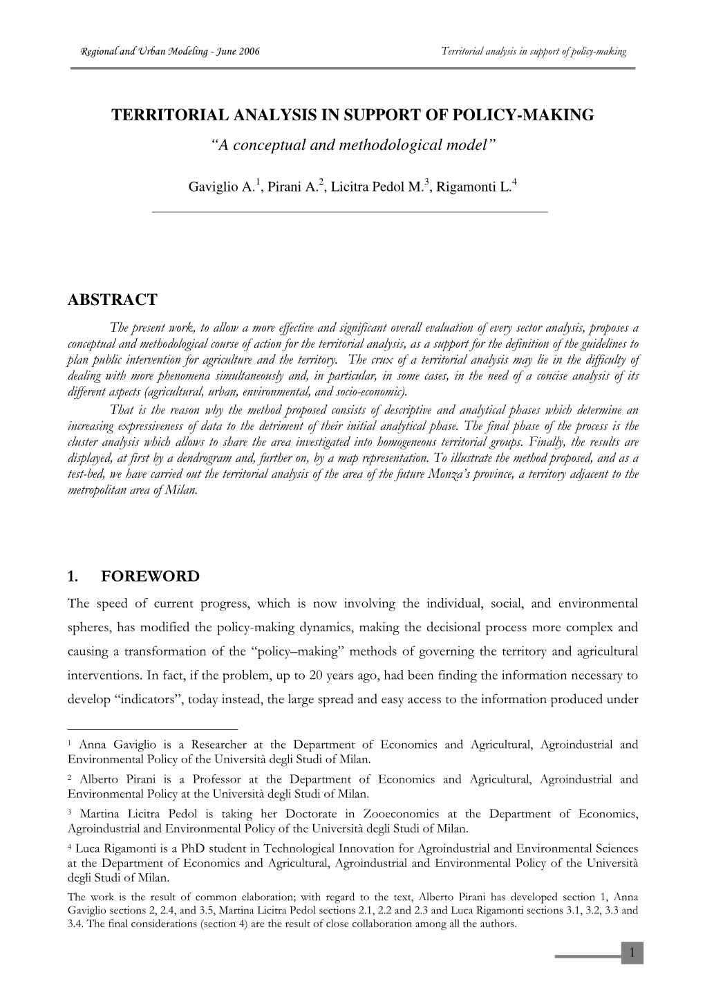 Territorial Analysis in Support of Policy-Making