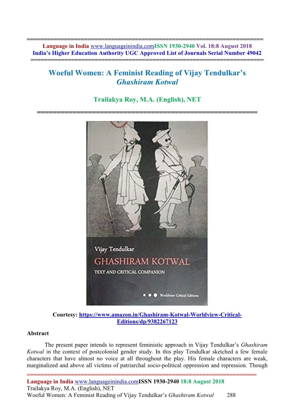 Woeful Women: a Feminist Reading of Vijay Tendulkar's Ghashiram Kotwal