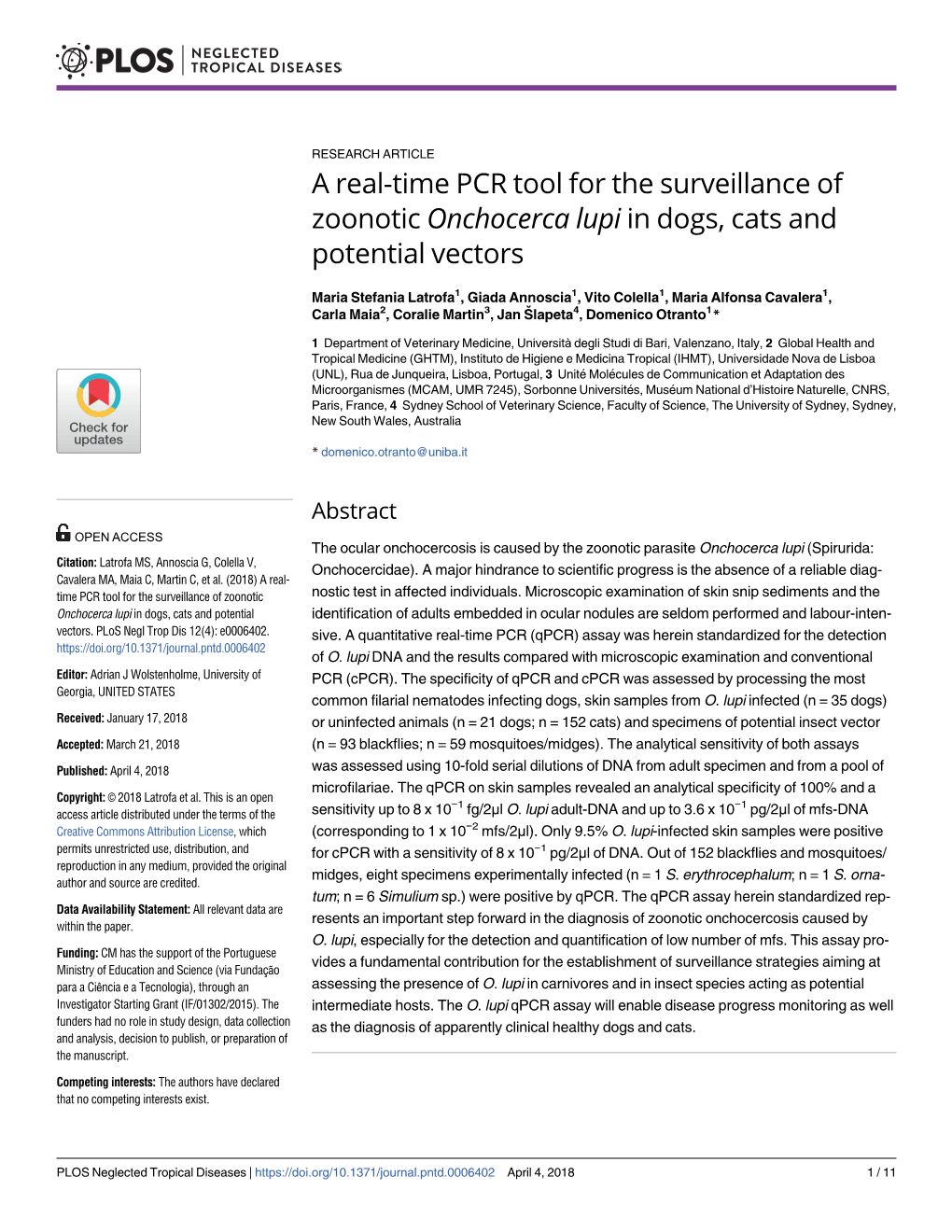 A Real-Time PCR Tool for the Surveillance of Zoonotic Onchocerca Lupi in Dogs, Cats and Potential Vectors