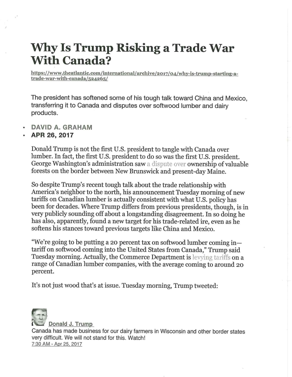 Why Is Trump Risking a Trade War with Canada? 04/Why-Is-Trump-Starting-A­ Trade-War-With-Canada/524265