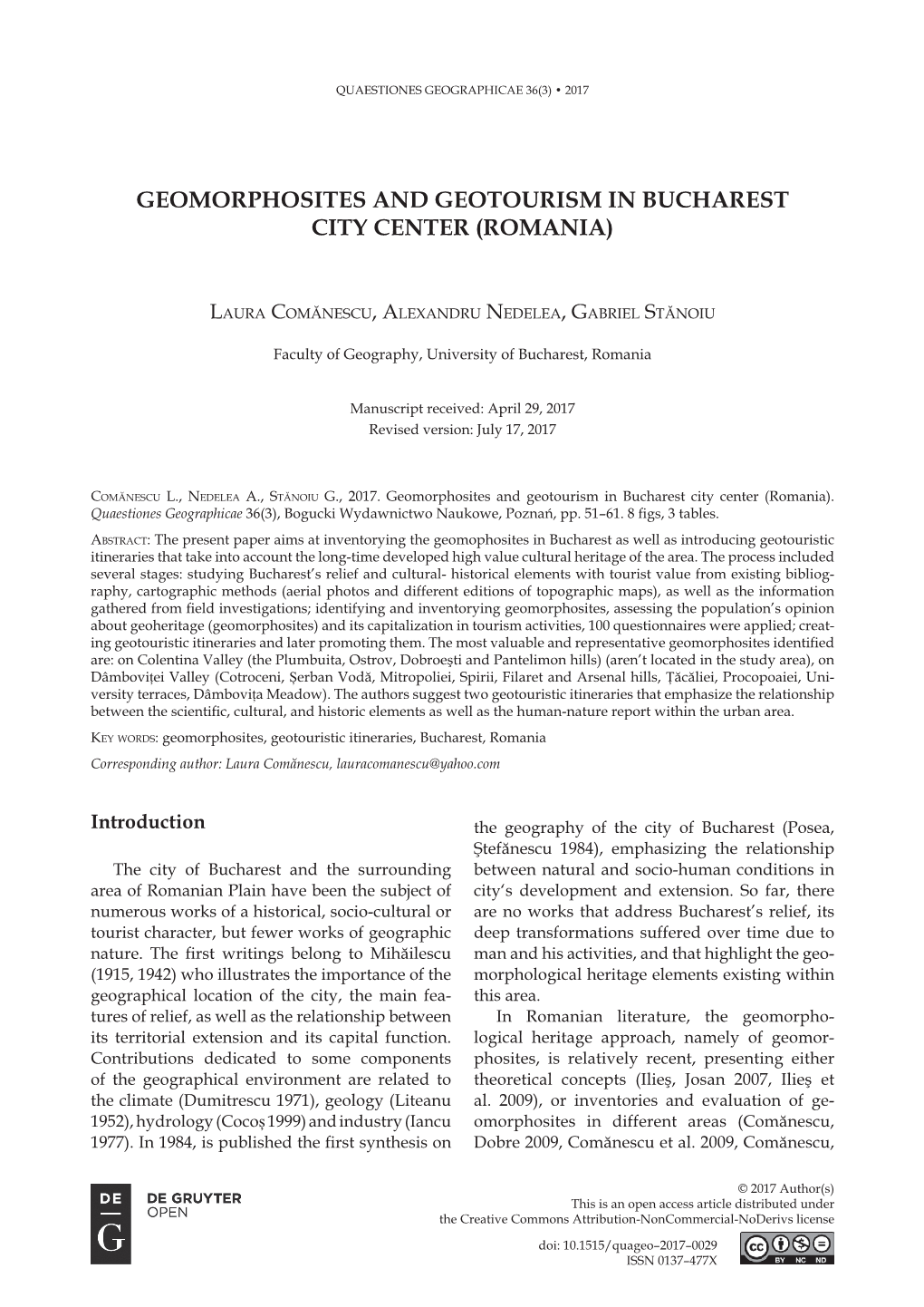 Geomorphosites and Geotourism in Bucharest City Center (Romania)