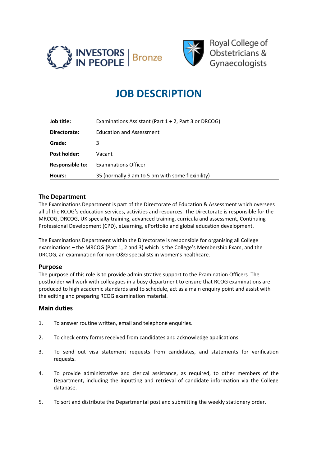 Examinations Assistant Job Description