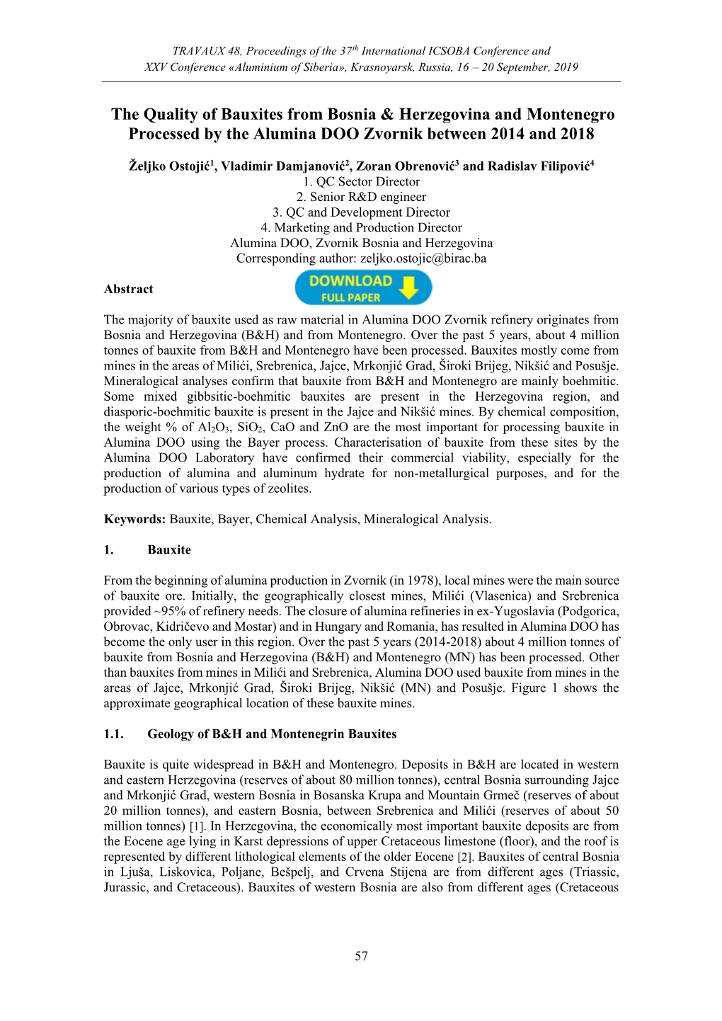 BX01 - the Quality of Bauxites from Bosnia & Herzegovina and Montenegro Processed by the Alumina DOO Zvornik Between 2014 and 2018