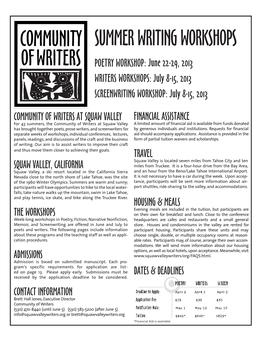 Community Ofwriters Summer Writing Workshops