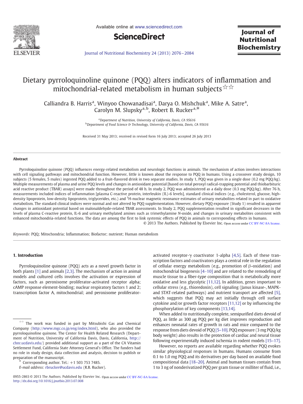 Dietary Pyrroloquinoline Quinone (PQQ) Alters Indicators of Inflammation and Mitochondrial-Related Metabolism in Human Subjects☆☆