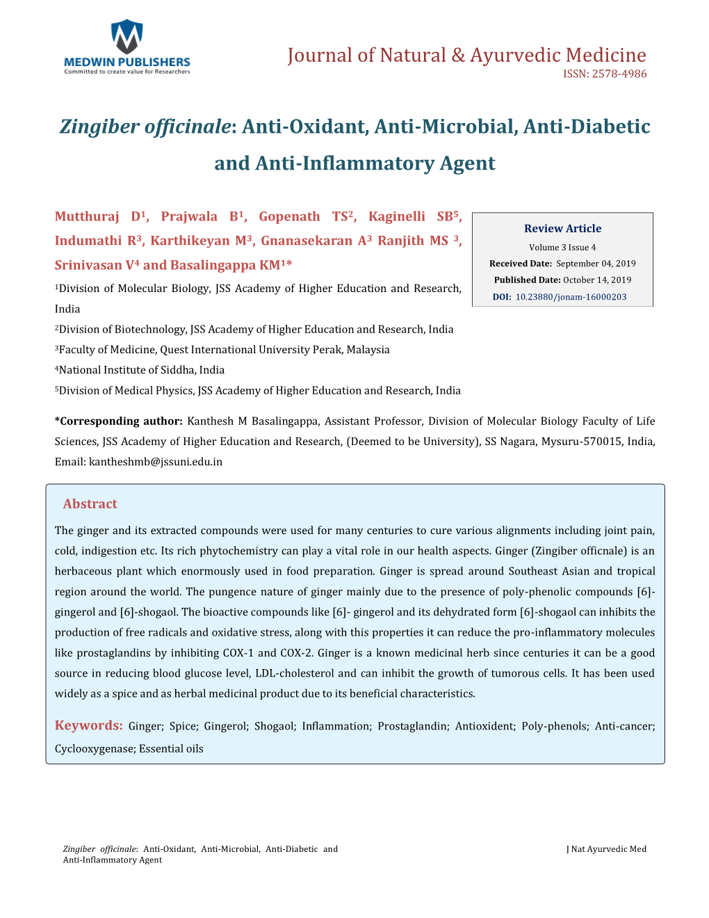 Zingiber Officinale: Anti-Oxidant, Anti-Microbial, Anti-Diabetic and Anti-Inflammatory Agent